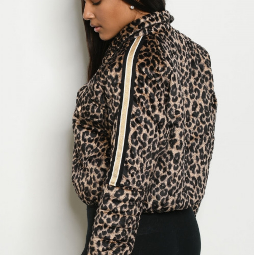 Velvet Leopard Print Puffer Bomber Jacket - Picture 3 of 5